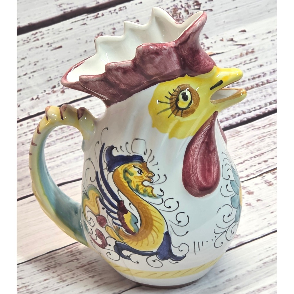 Deruta Style Rooster Pitcher Home Decor 8in Multicolor Excellent Ceramic Dragon